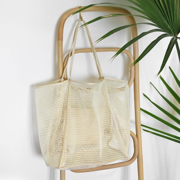 Women's Cream-beige Mesh Beach Nylon&Polyester No-closure Tote Shoulder Handbag - Picture 2 of 6